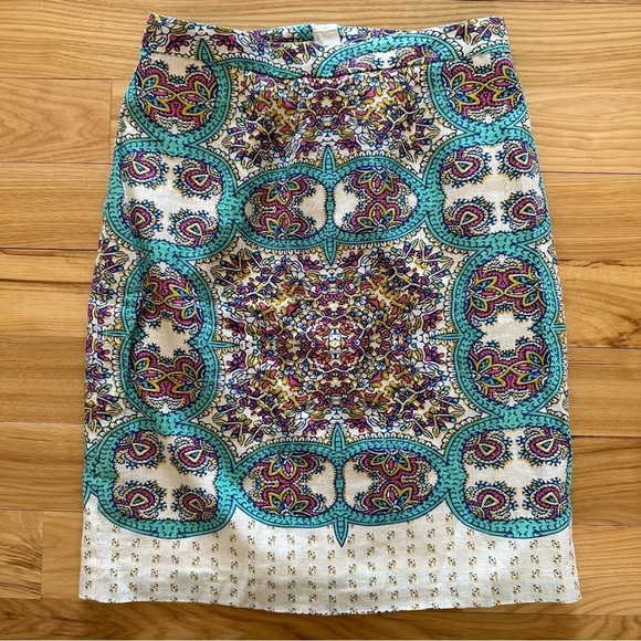 Maeve Dresses & Skirts - Maeve Turquoise Blue Pink Ivory Floral Print Skirt 2 Anthropologie Linen Blend